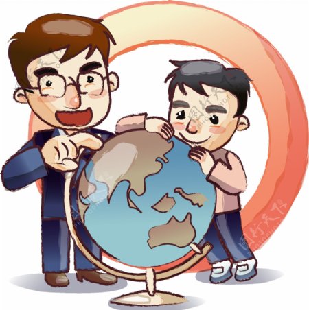 老师和学生抱着地球仪讲地理