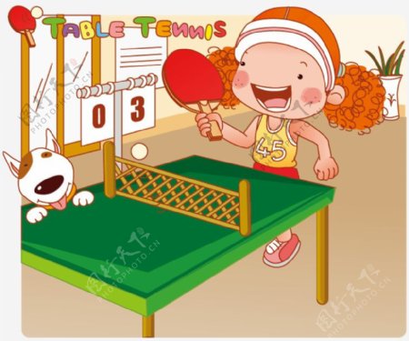 卡通小女孩打乒乓球