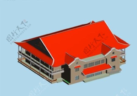 红顶立檐风格建筑群3D模型图