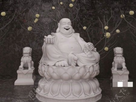 中式弥勒佛与狮子雕像3D模型素材