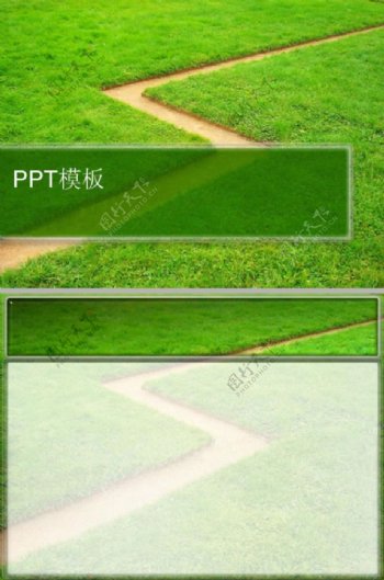 绿草地Z字形小路背景主题ppt模板