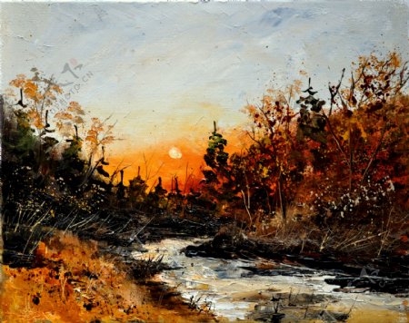油画夕阳河流图片