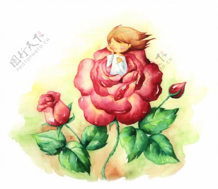玫瑰上的小女孩彩绘PSD素材