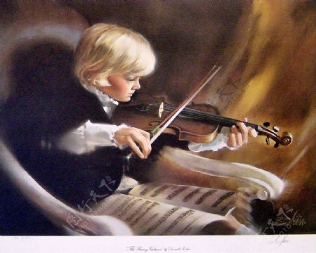 男童拉小提琴油画