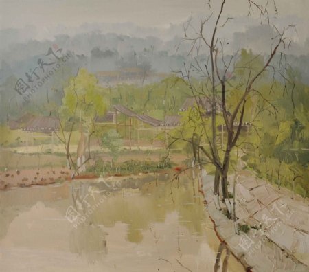 山边池塘风景油画
