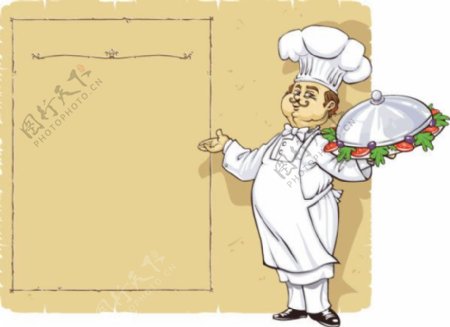 手绘卡通厨师端菜矢量图