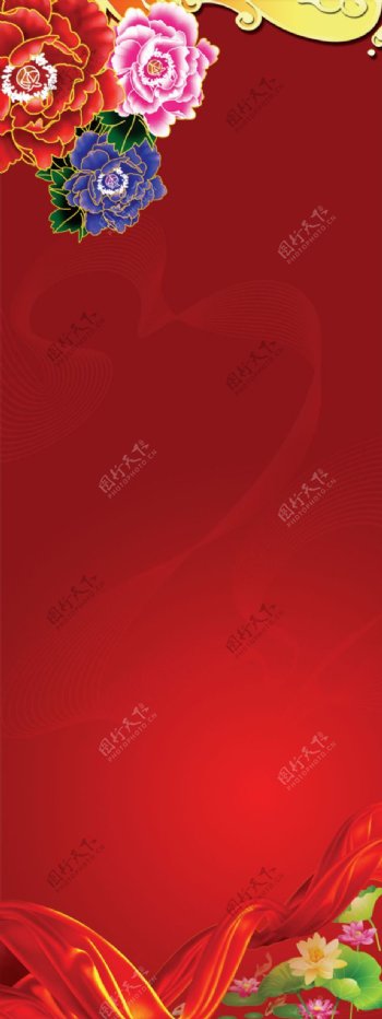 红色牡丹花展架背景PSD分层模板