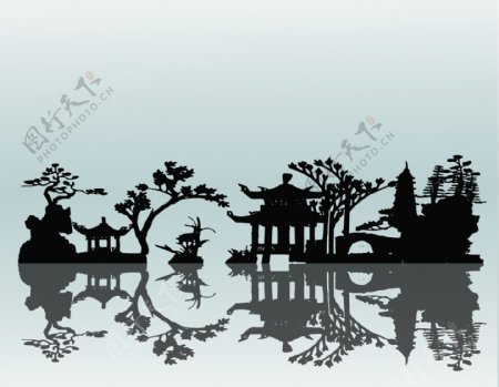 一款古典风格中国庭院剪影矢量素材