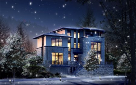 雪夜温暖现代三层居家别墅