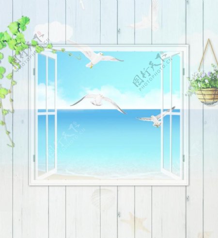 夏日小屋窗户海景图片