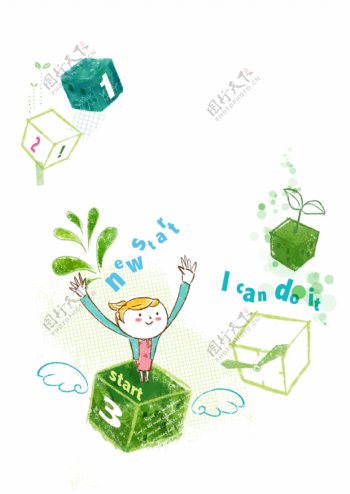 站在绿色盒子里面的女孩插画素材