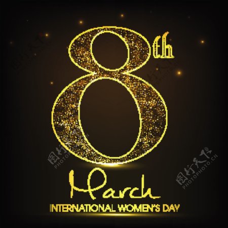 三八妇女节贺卡或海报用金色的文本第八三月在棕色的背景设计