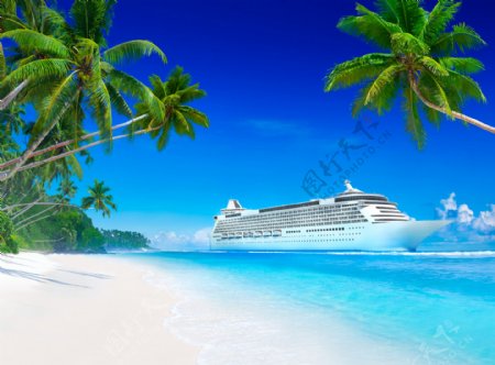 大海沙滩椰树邮轮图片
