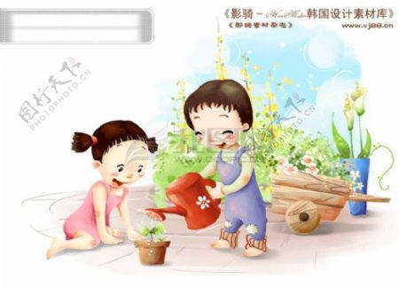 HanMaker韩国设计素材库背景卡通漫画可爱人物孩子女孩母亲母女浇花儿童