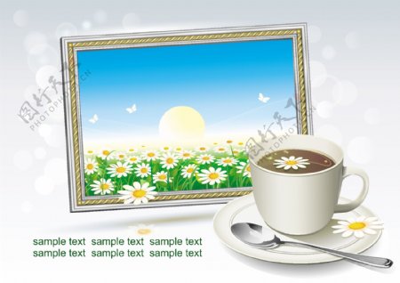 一杯咖啡和相框内的春天风景图片