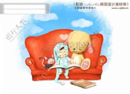 HanMaker韩国设计素材库背景卡通漫画可爱人物女孩看书玩具儿童
