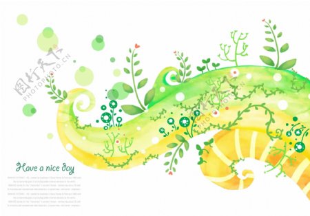 黄色曲线花纹上的绿色植物插画