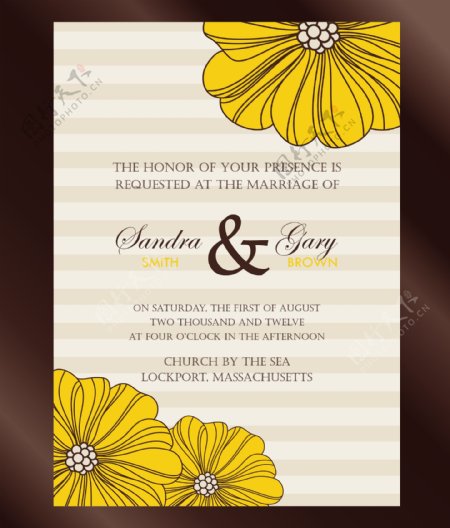黄色花纹花卉婚礼请柬图片