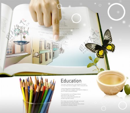 设计元素手书本书籍蝴蝶桌面书签杯子树叶绿叶画笔psd分层素材源文件09韩国设计元素