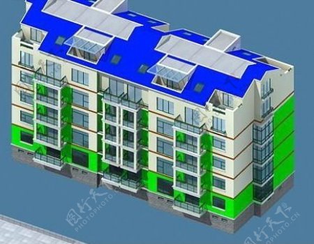 城市阁楼式小区绿兰色住宅3D建筑模