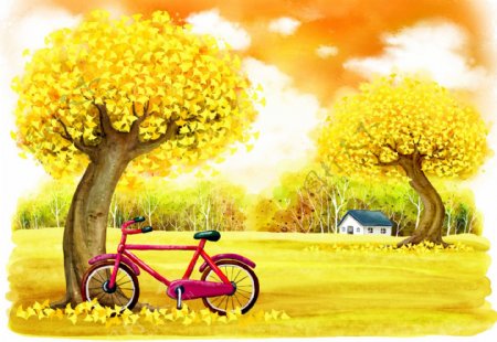 卡通秋景自行车图片
