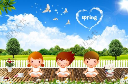 春天来了可爱儿童海报PSD素