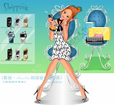 时尚购物女孩逛街卡通美女矢量素材矢量图片HanMaker韩国设计素材库