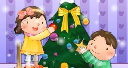 男孩和女孩装饰圣诞树