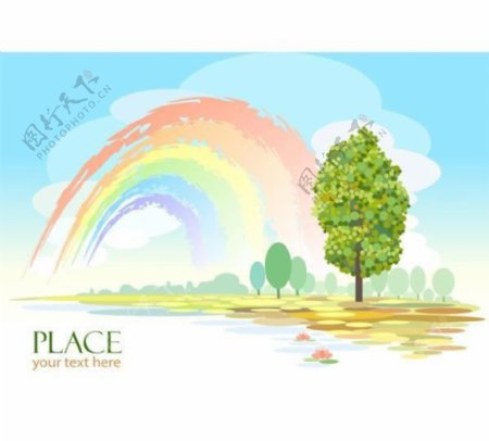 水彩画的农村背景的彩虹