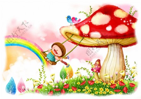 草地上的红色蘑菇和孩子