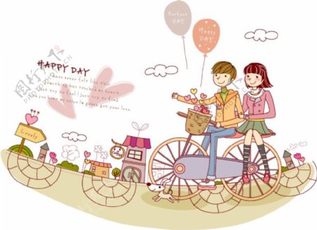 彩绘骑单车的情侣插画矢量素材.