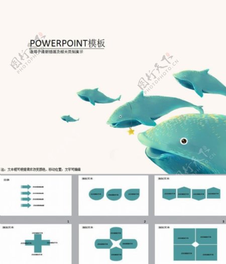 清新海豚插画PPT模板下载