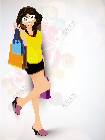 时尚的年轻女孩花背景携带购物袋