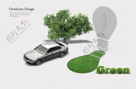 汽车环保脚印设计绿白色背景