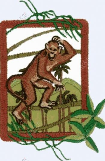 绣花动物猴子草色彩免费素材