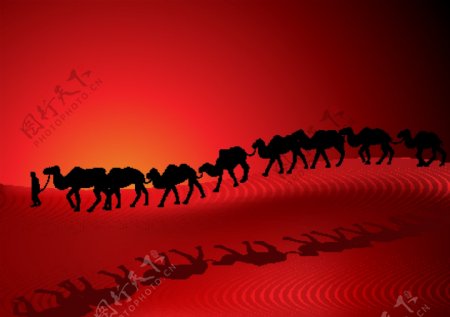 骆驼沙漠商队夕阳的剪影红色背景矢量