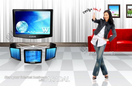 液晶电视女性女人沙发相框地板房地产日韩盛典
