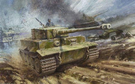 进攻中的二战德国虎式坦克高清油画