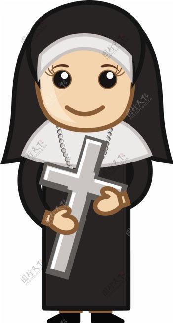 修女持有圣十字架矢量字符的卡通插画
