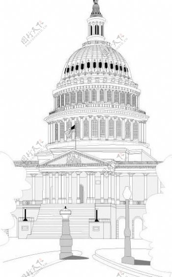 美国白宫线条单色素描图图片