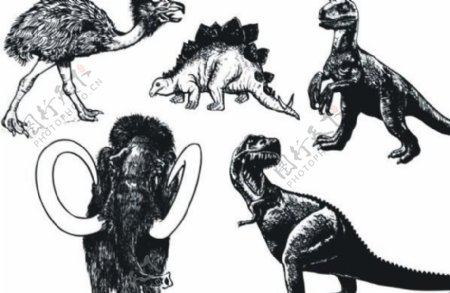 各种各样的恐龙和其他大型史前动物素描矢量素材