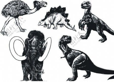 各种恐龙等大型史前动物素描矢量素材