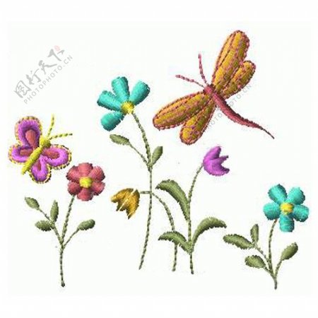 绣花植物花朵蜻蜓蝴蝶免费素材