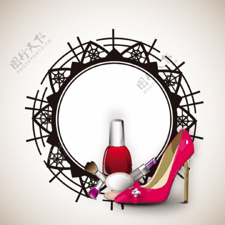三八妇女节贺卡或海报化妆品和女士们的鞋子上花的装饰圈的设计