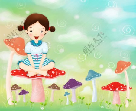 女孩和蘑菇椅子图片