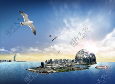 海岛城市创意风景PSD下载