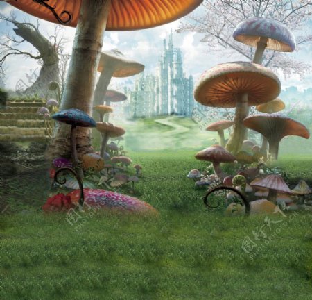 草地蘑菇与城堡图片