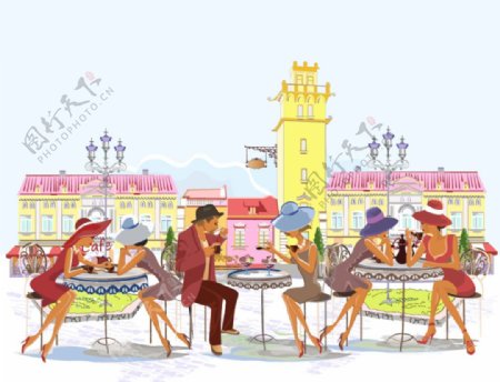 创意街头咖啡馆插画矢量素材图片