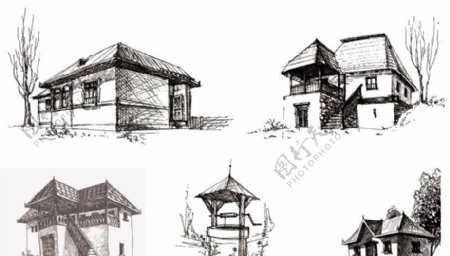手绘古典建筑房子图片