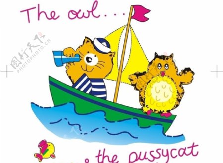 卡通猫和猫头鹰坐船出海图片